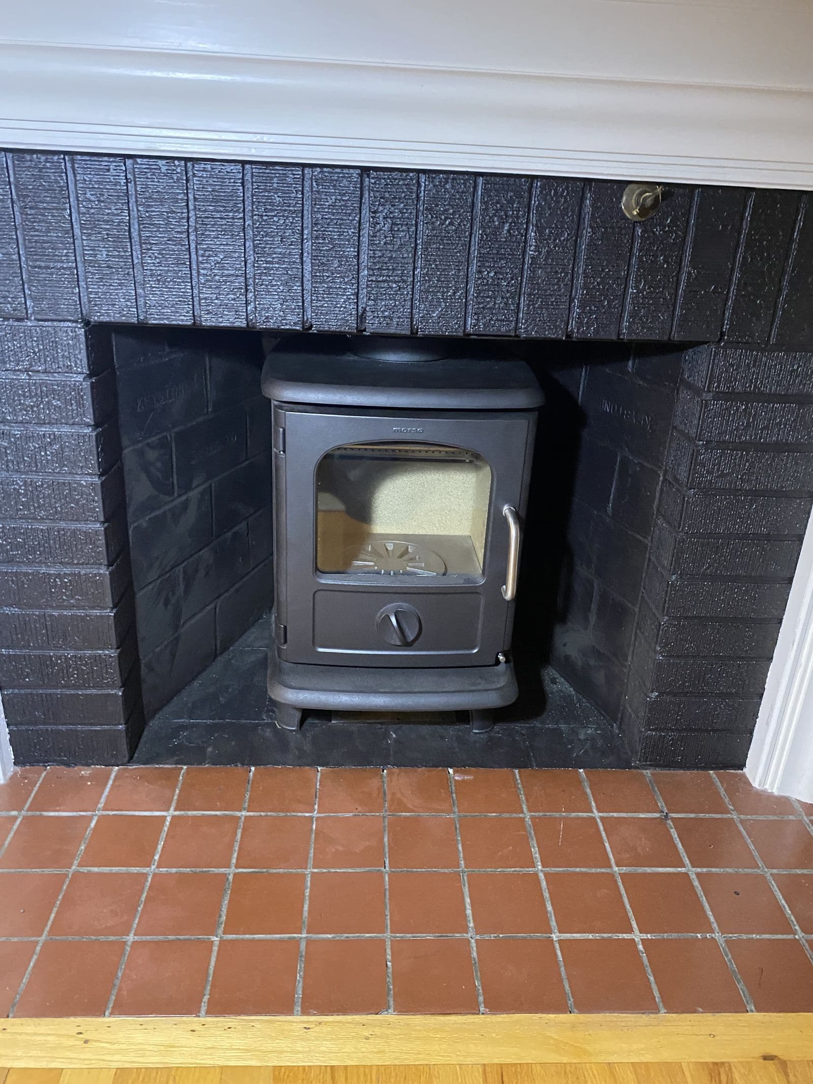 A wood-burning stove installed in a tiled fireplace